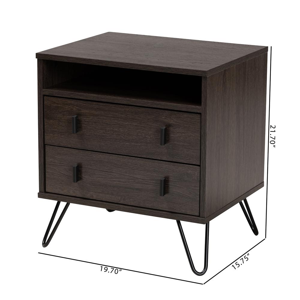 Dark Brown Finished Wood and Black Metal 2-Drawer Nightstand. Picture 20