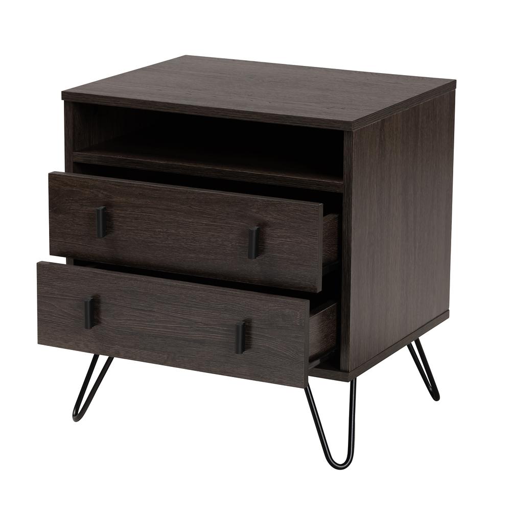 Dark Brown Finished Wood and Black Metal 2-Drawer Nightstand. Picture 12