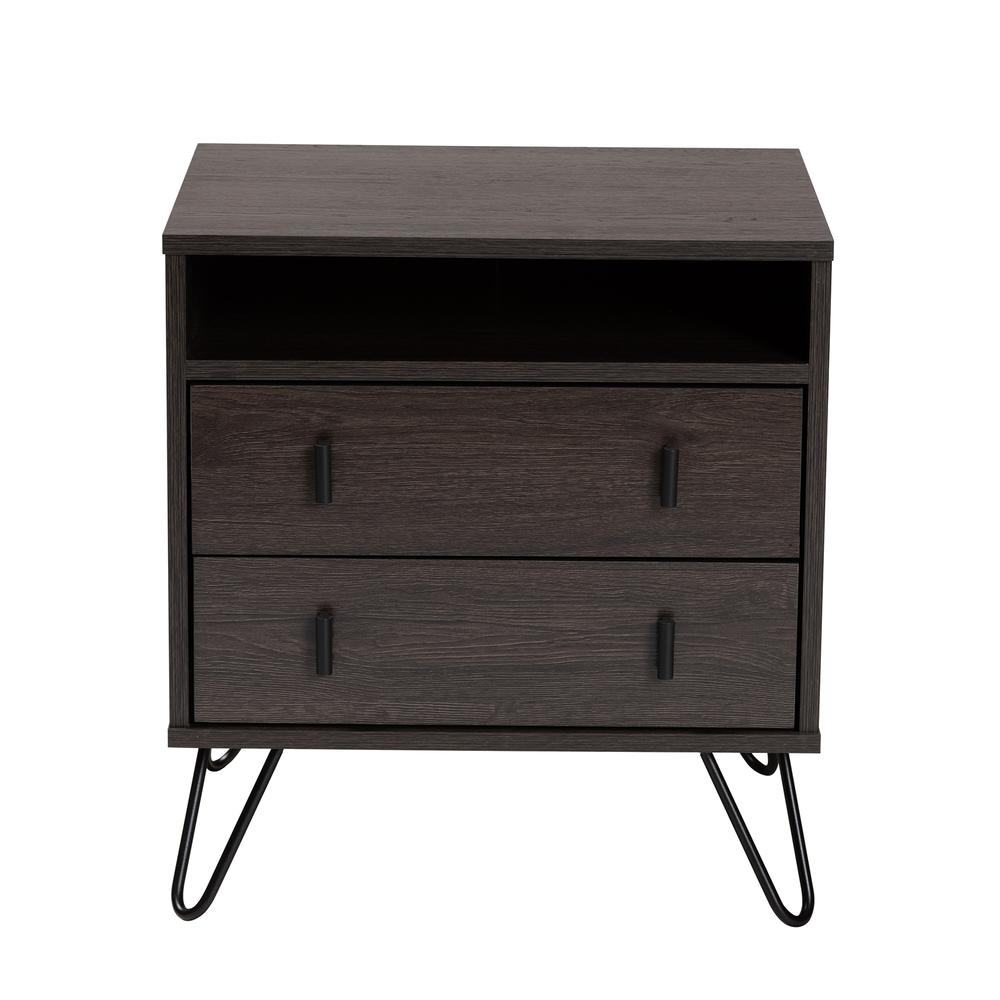 Dark Brown Finished Wood and Black Metal 2-Drawer Nightstand. Picture 13