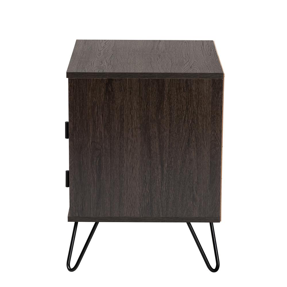 Dark Brown Finished Wood and Black Metal 2-Drawer Nightstand. Picture 14