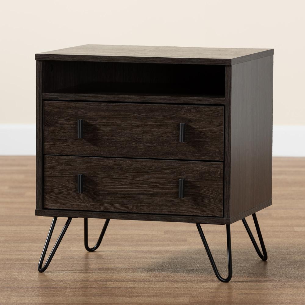 Dark Brown Finished Wood and Black Metal 2-Drawer Nightstand. Picture 19
