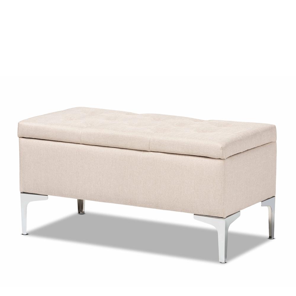 Transitional Beige Fabric Upholstered and Silver Finished Metal Storage Ottoman. Picture 11