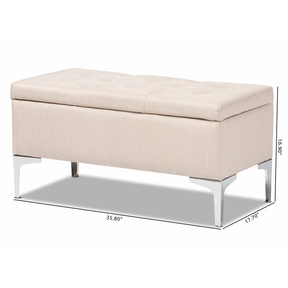 Transitional Beige Fabric Upholstered and Silver Finished Metal Storage Ottoman. Picture 20