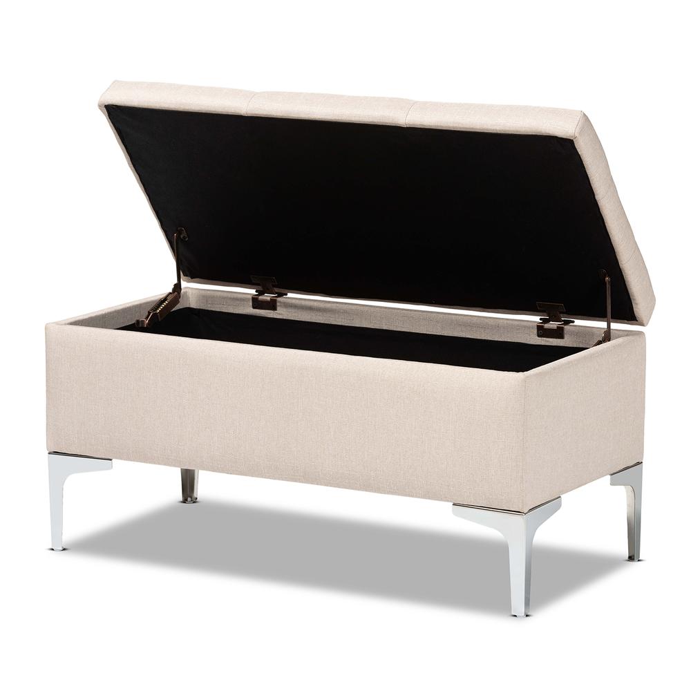 Transitional Beige Fabric Upholstered and Silver Finished Metal Storage Ottoman. Picture 12