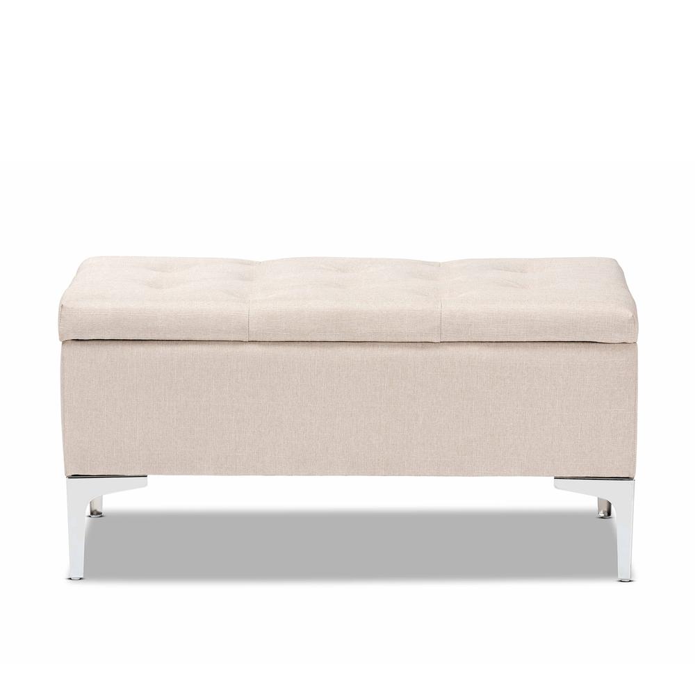 Transitional Beige Fabric Upholstered and Silver Finished Metal Storage Ottoman. Picture 13
