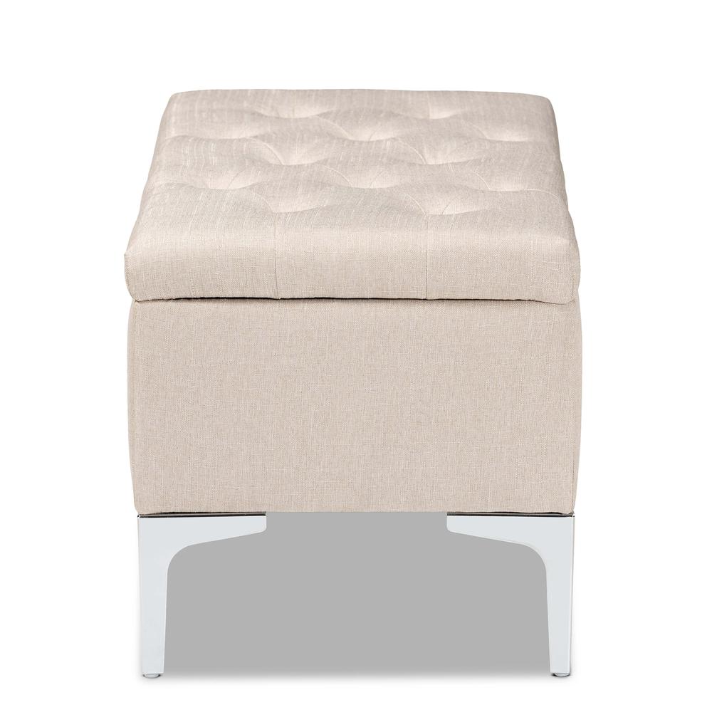 Transitional Beige Fabric Upholstered and Silver Finished Metal Storage Ottoman. Picture 14