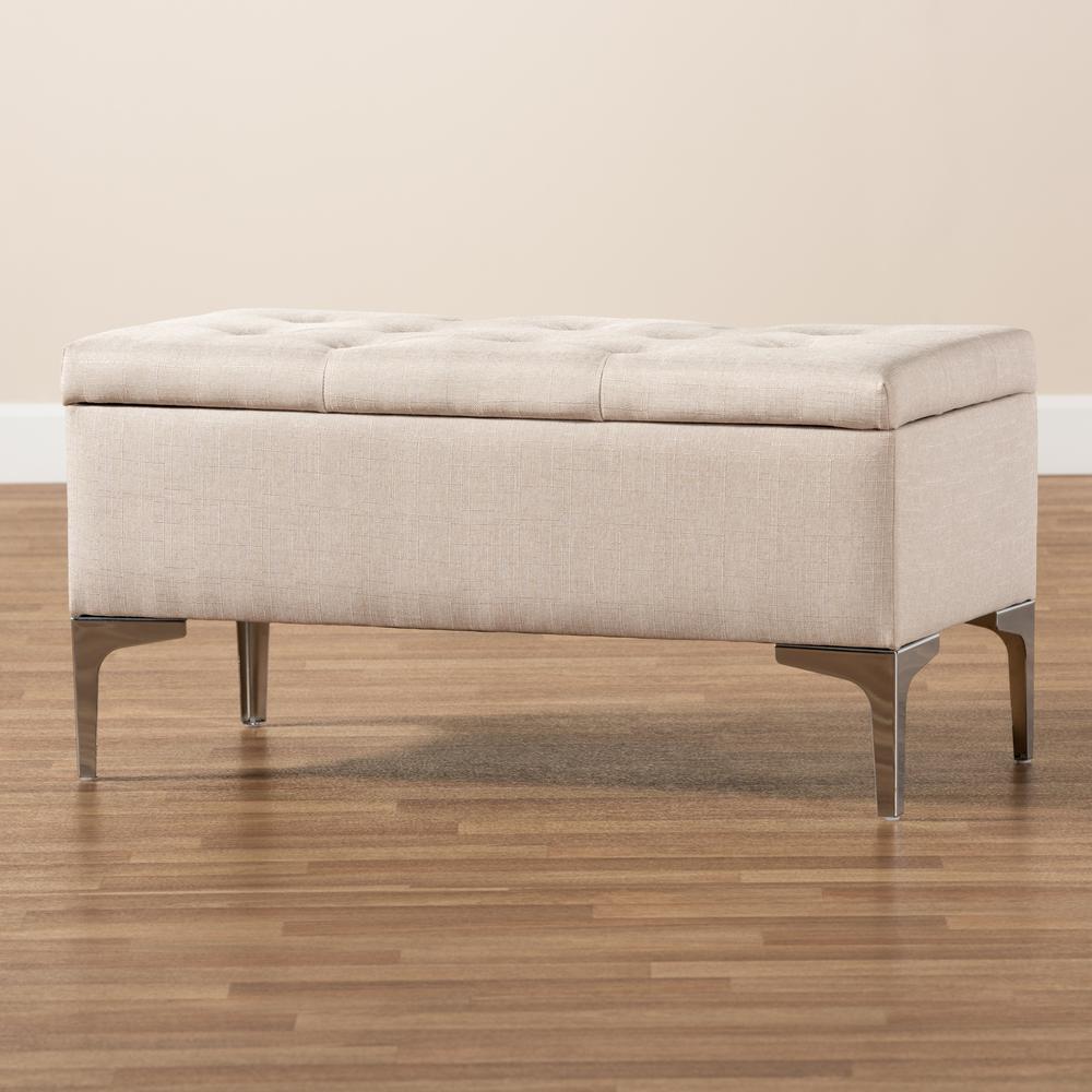 Transitional Beige Fabric Upholstered and Silver Finished Metal Storage Ottoman. Picture 19