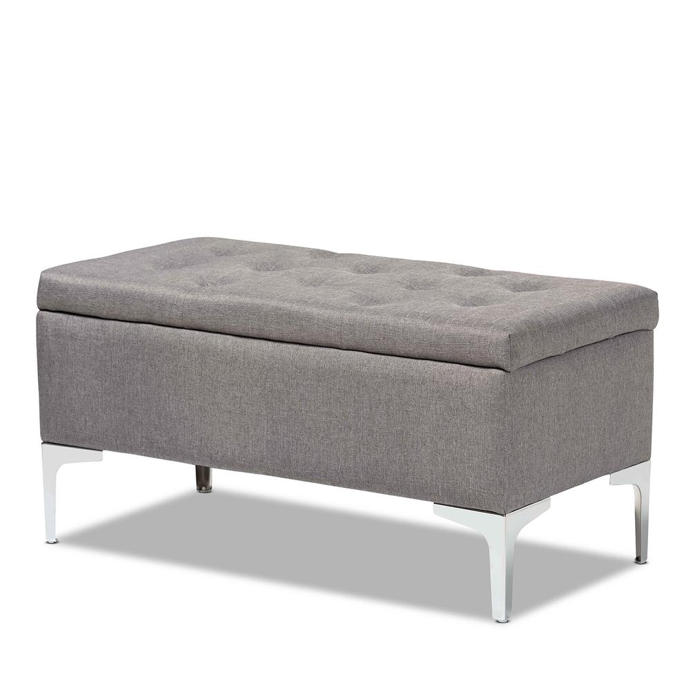 Transitional Grey Fabric Upholstered and Silver Finished Metal Storage Ottoman. Picture 11
