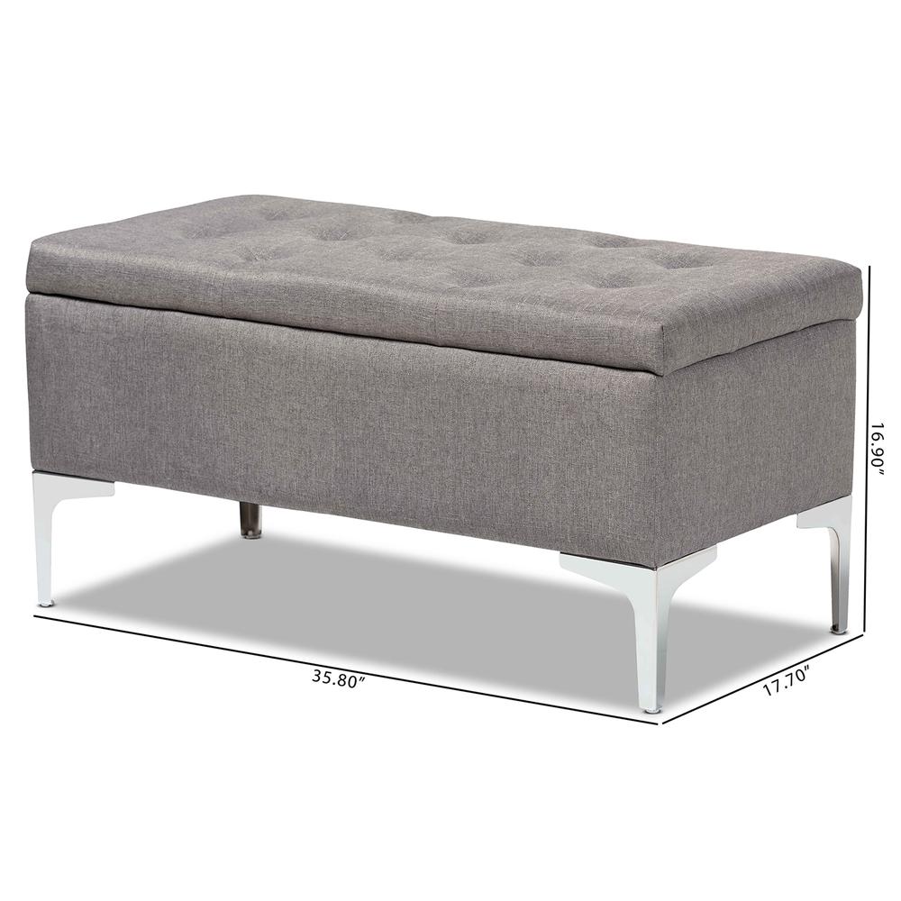 Transitional Grey Fabric Upholstered and Silver Finished Metal Storage Ottoman. Picture 20