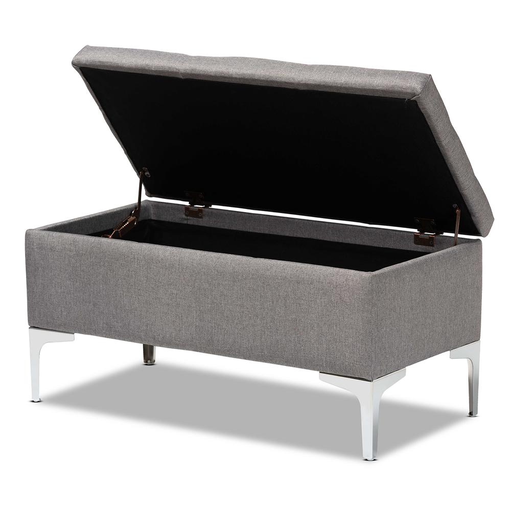 Transitional Grey Fabric Upholstered and Silver Finished Metal Storage Ottoman. Picture 12