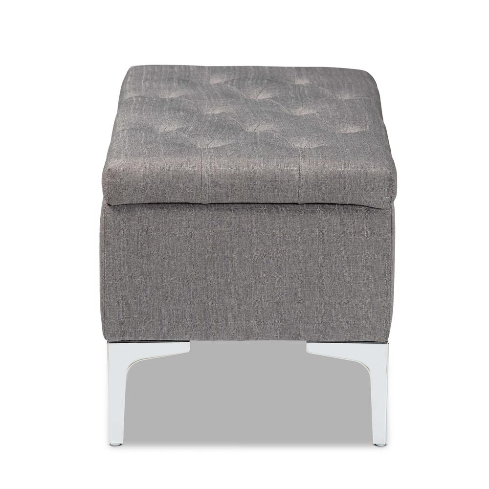 Transitional Grey Fabric Upholstered and Silver Finished Metal Storage Ottoman. Picture 14