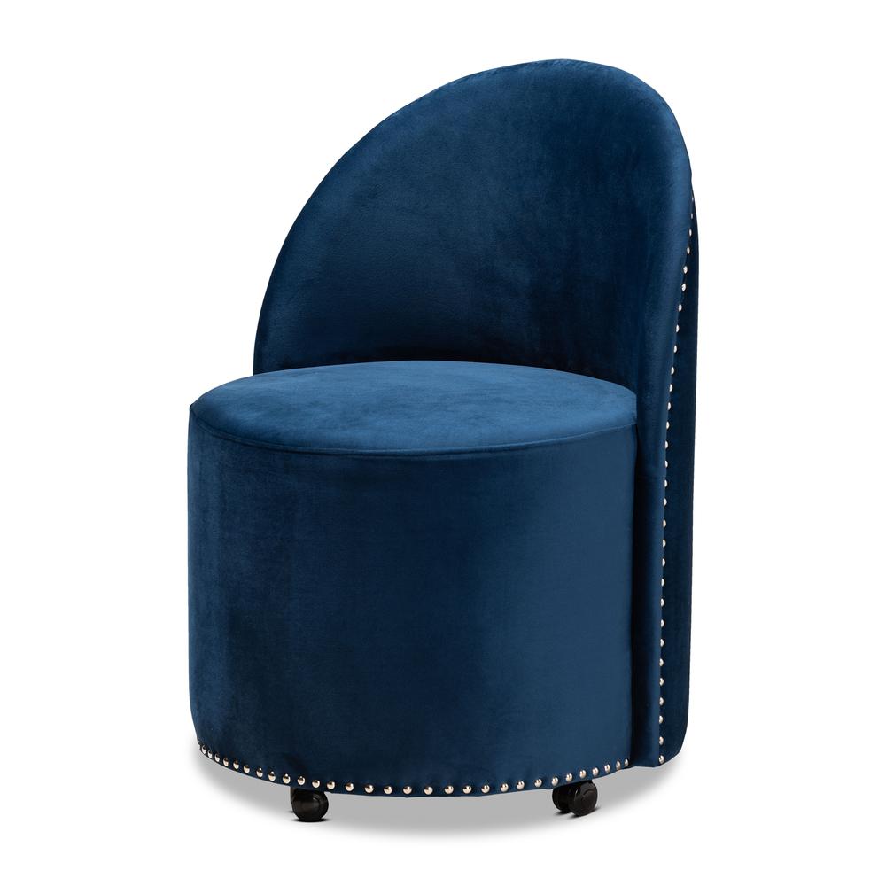 Bethel Glam and Luxe Navy Blue Velvet Fabric Upholstered Rolling Accent Chair. Picture 10