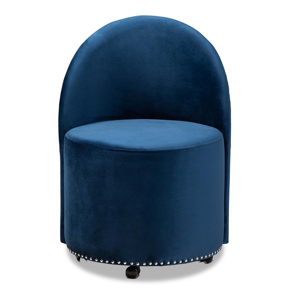 Bethel Glam and Luxe Navy Blue Velvet Fabric Upholstered Rolling Accent Chair. Picture 11