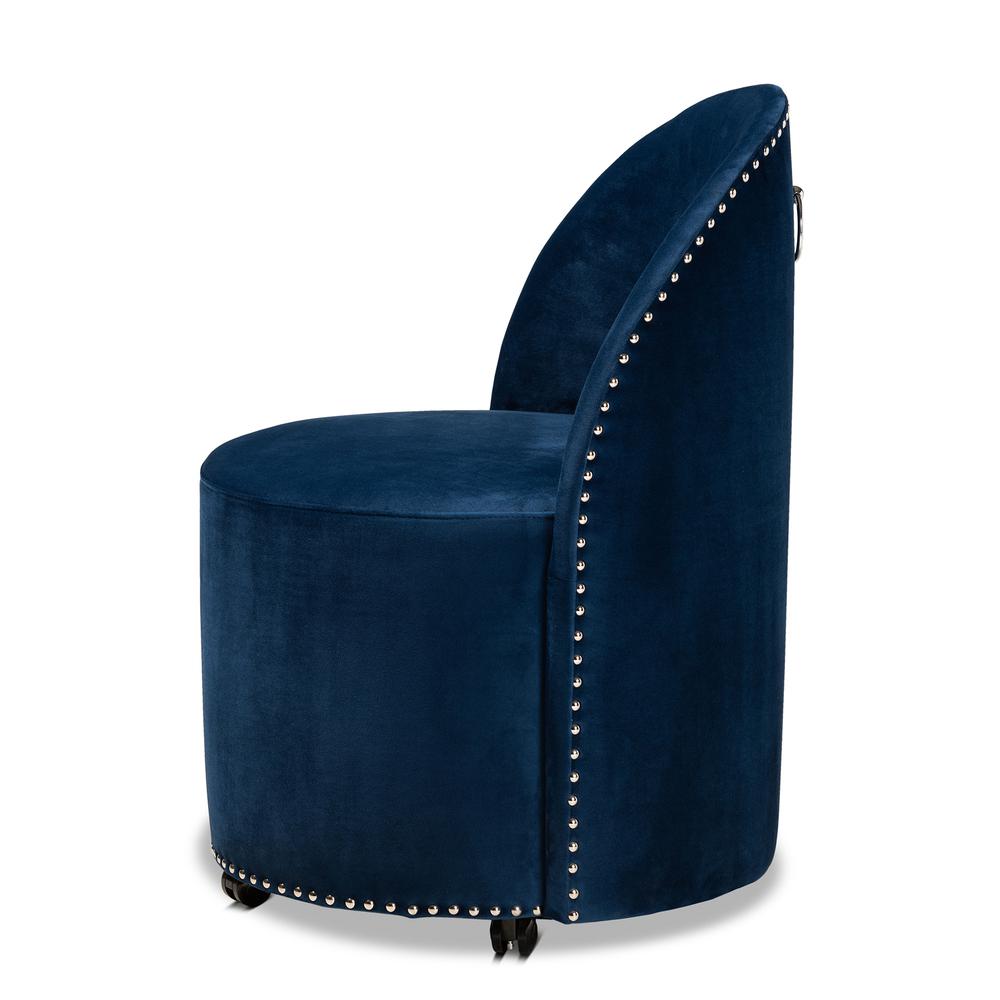 Bethel Glam and Luxe Navy Blue Velvet Fabric Upholstered Rolling Accent Chair. Picture 12
