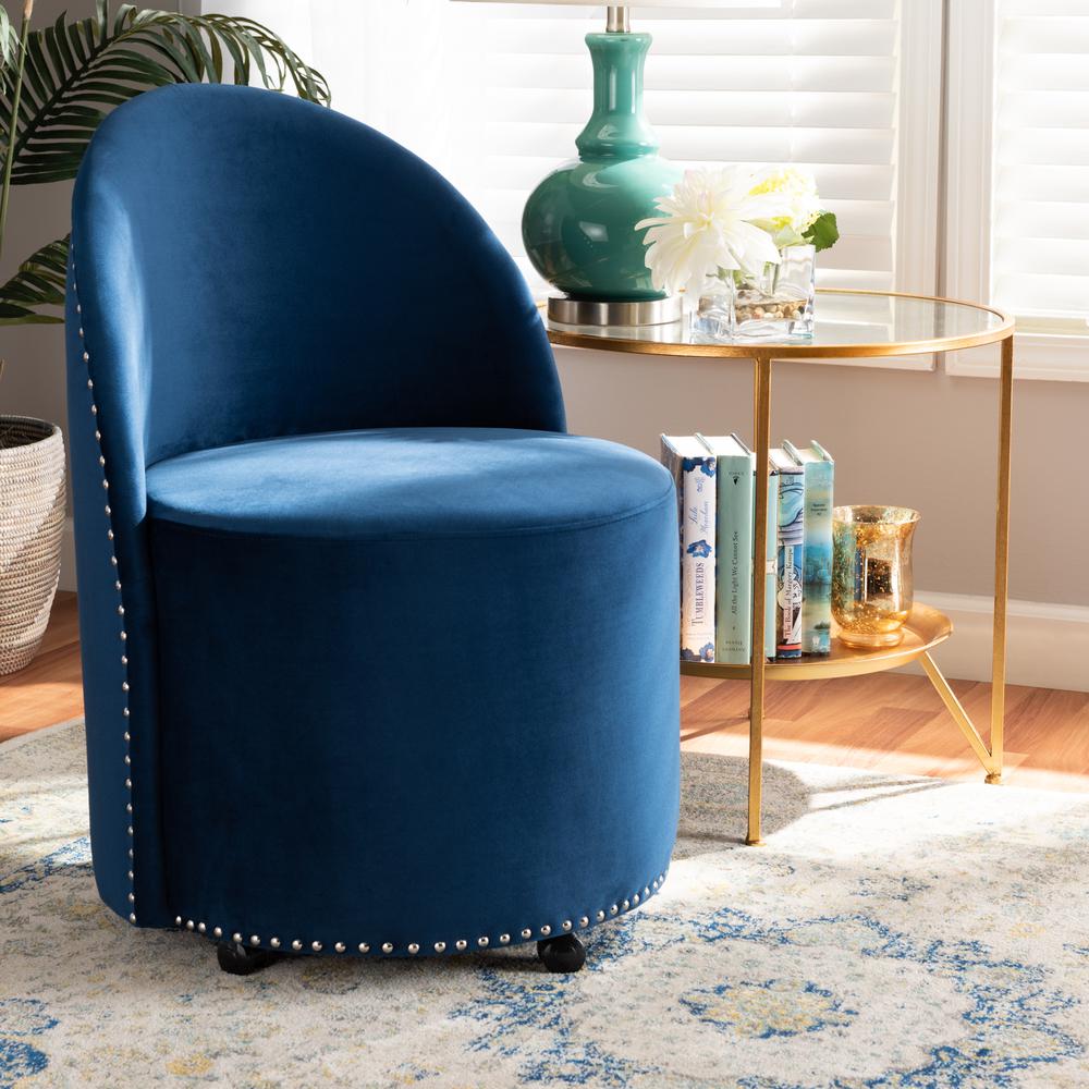 Bethel Glam and Luxe Navy Blue Velvet Fabric Upholstered Rolling Accent Chair. Picture 16