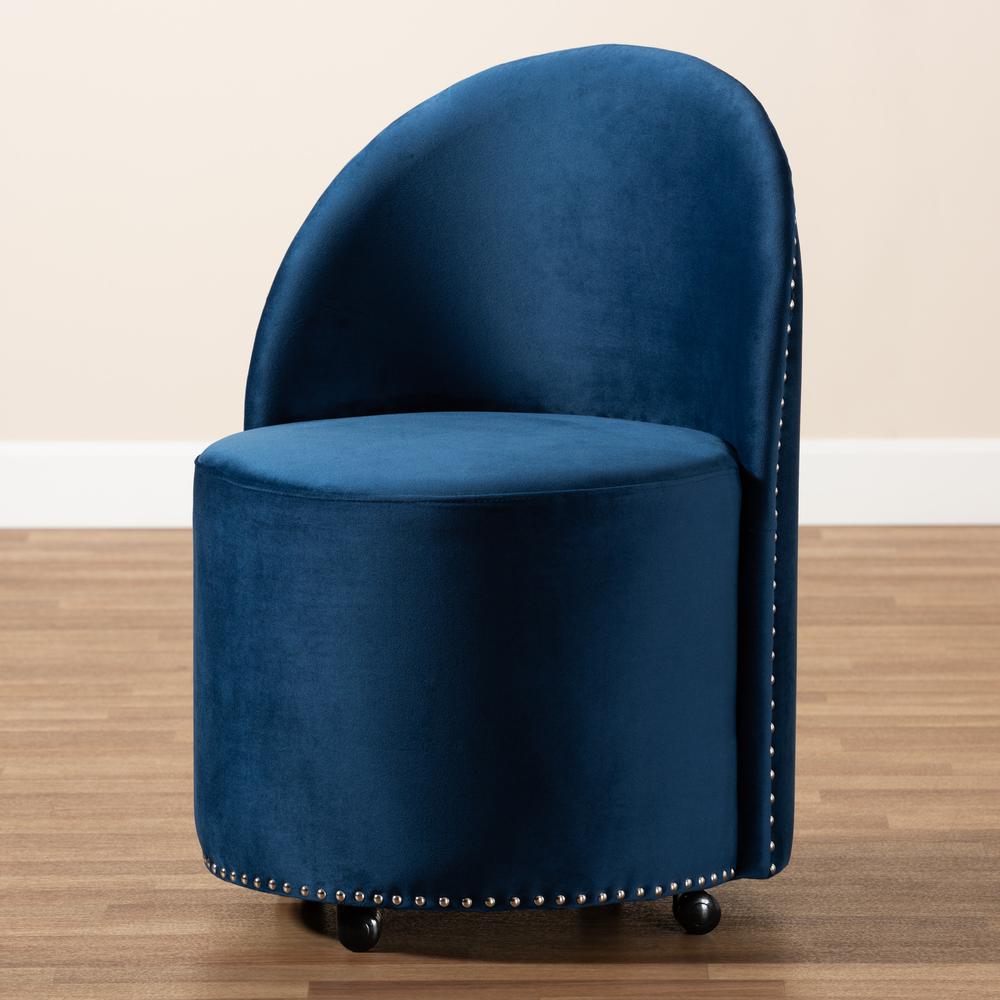 Bethel Glam and Luxe Navy Blue Velvet Fabric Upholstered Rolling Accent Chair. Picture 17