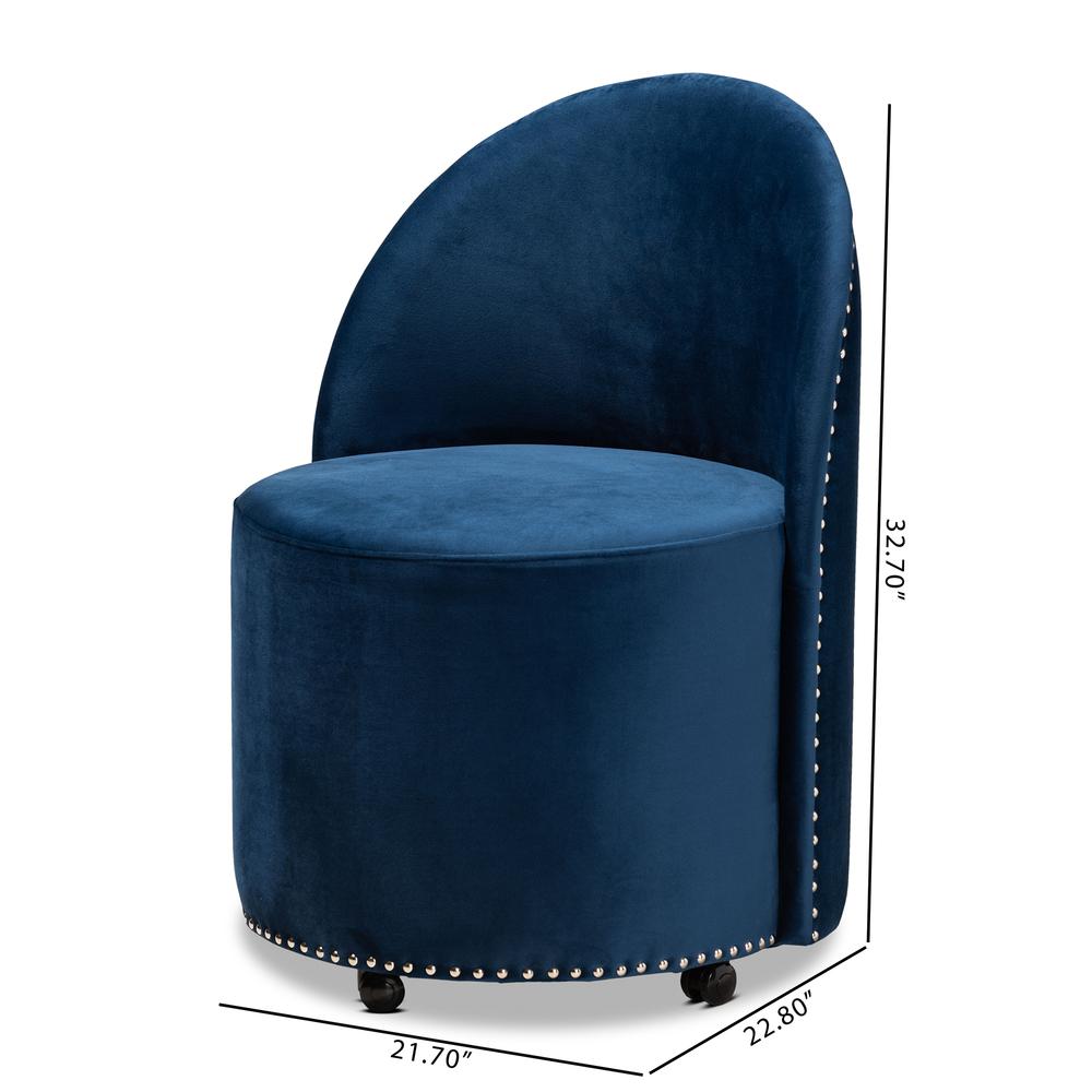 Bethel Glam and Luxe Navy Blue Velvet Fabric Upholstered Rolling Accent Chair. Picture 18
