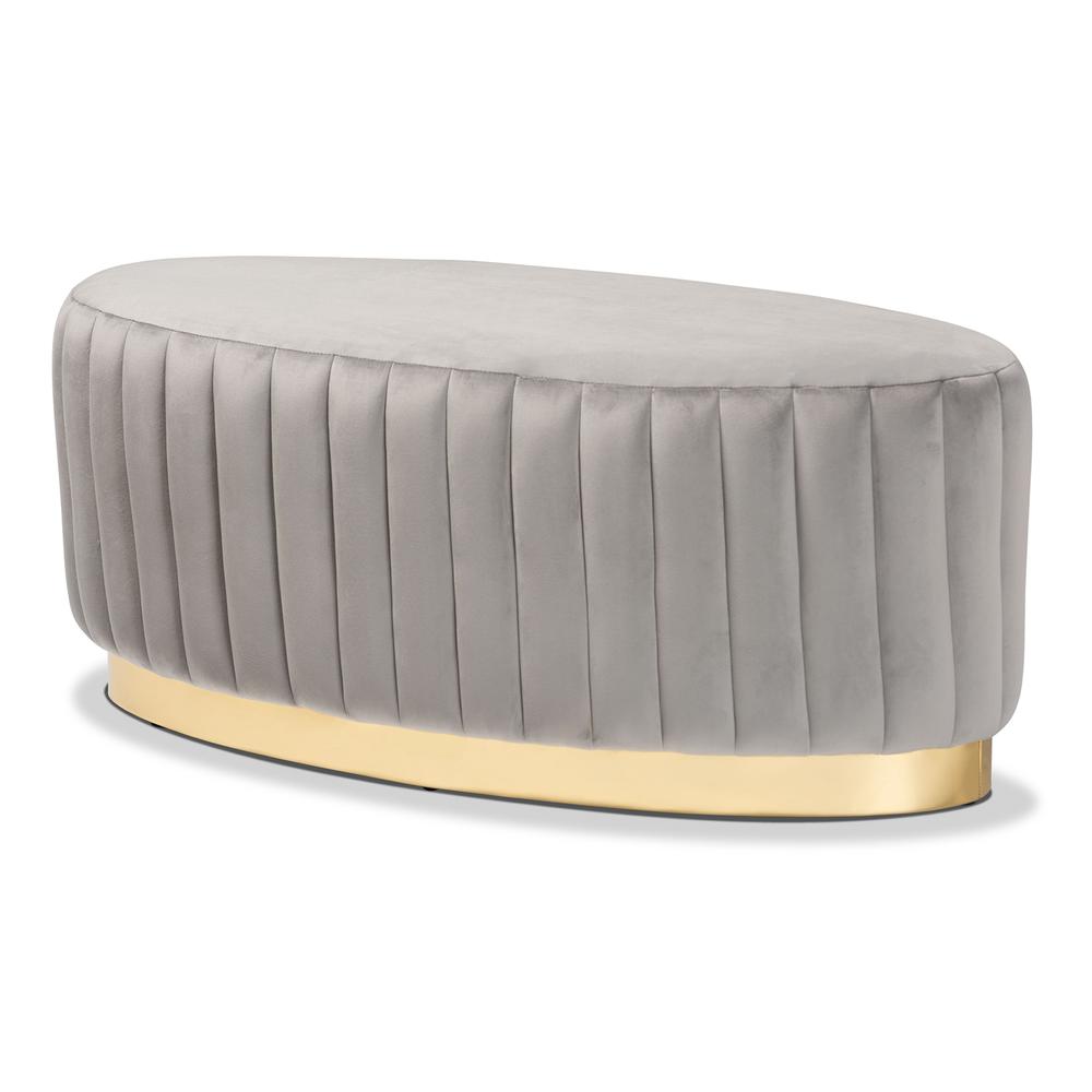 Kirana Glam and Luxe Grey Velvet Fabric Upholstered and Gold PU Leather Ottoman. Picture 8