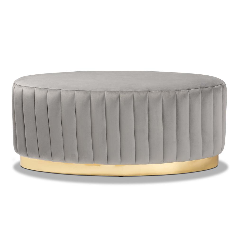 Kirana Glam and Luxe Grey Velvet Fabric Upholstered and Gold PU Leather Ottoman. Picture 9