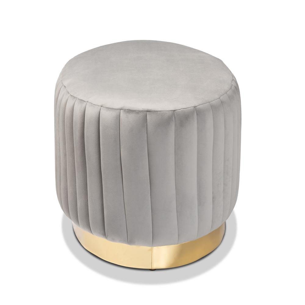Kirana Glam and Luxe Grey Velvet Fabric Upholstered and Gold PU Leather Ottoman. Picture 10