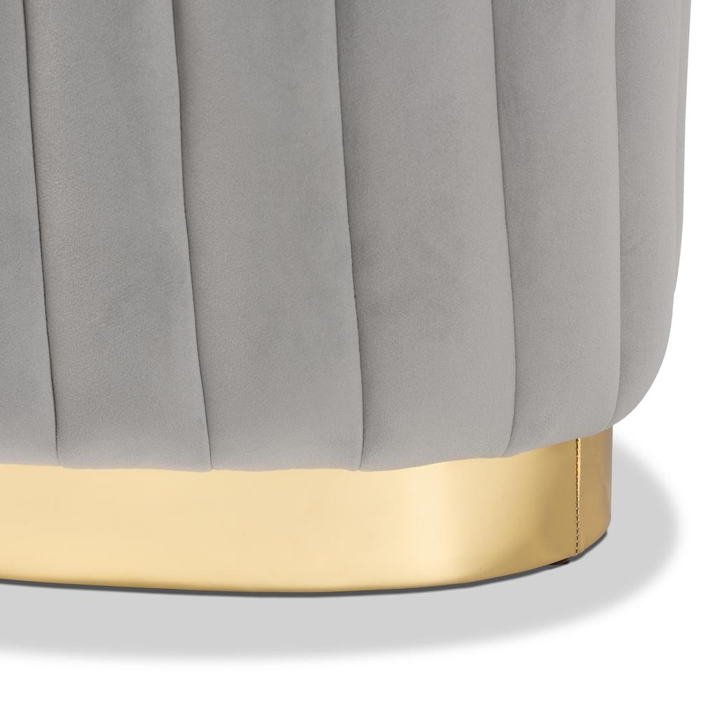 Kirana Glam and Luxe Grey Velvet Fabric Upholstered and Gold PU Leather Ottoman. Picture 11