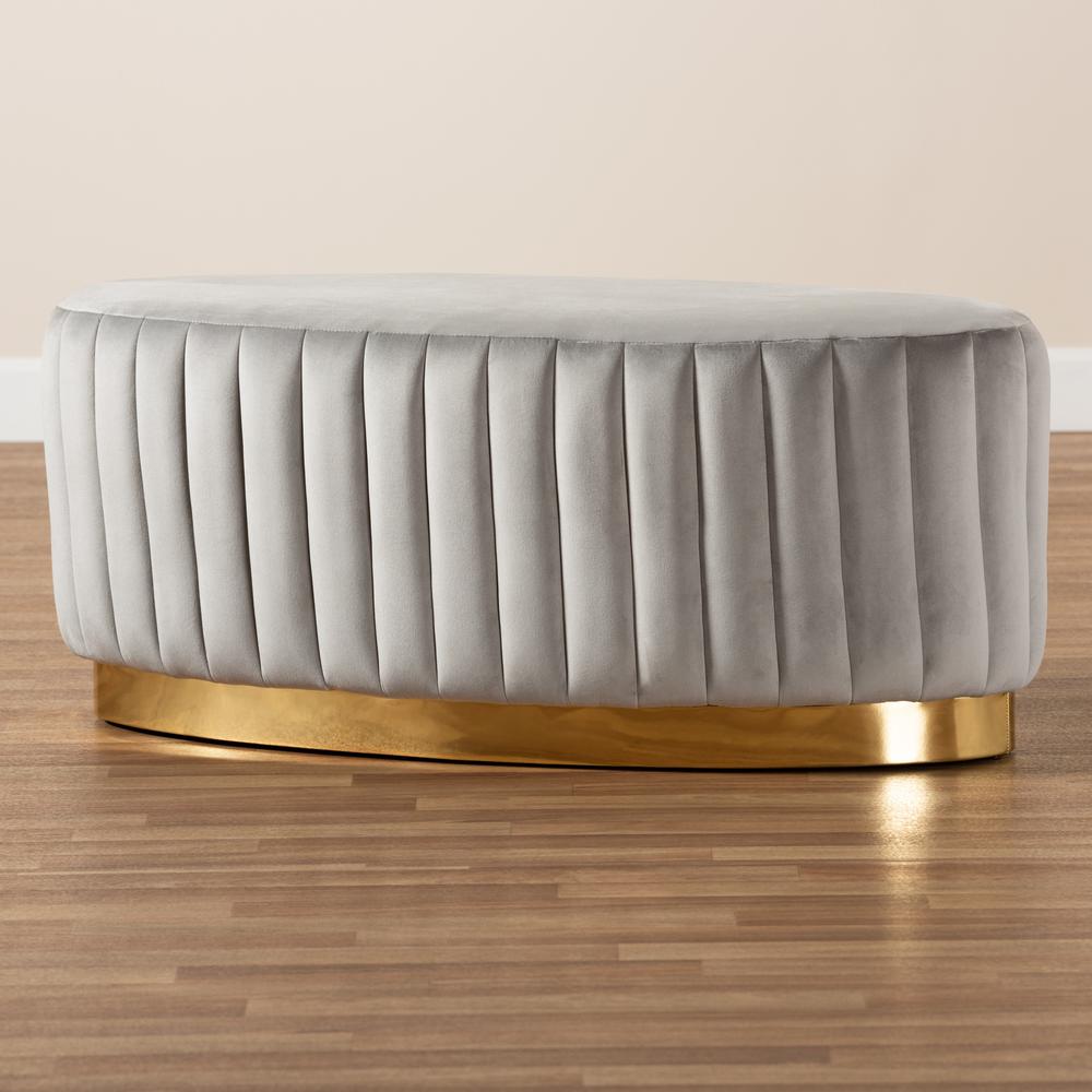 Kirana Glam and Luxe Grey Velvet Fabric Upholstered and Gold PU Leather Ottoman. Picture 13