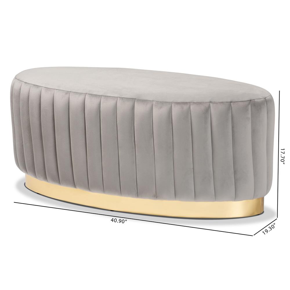 Kirana Glam and Luxe Grey Velvet Fabric Upholstered and Gold PU Leather Ottoman. Picture 14