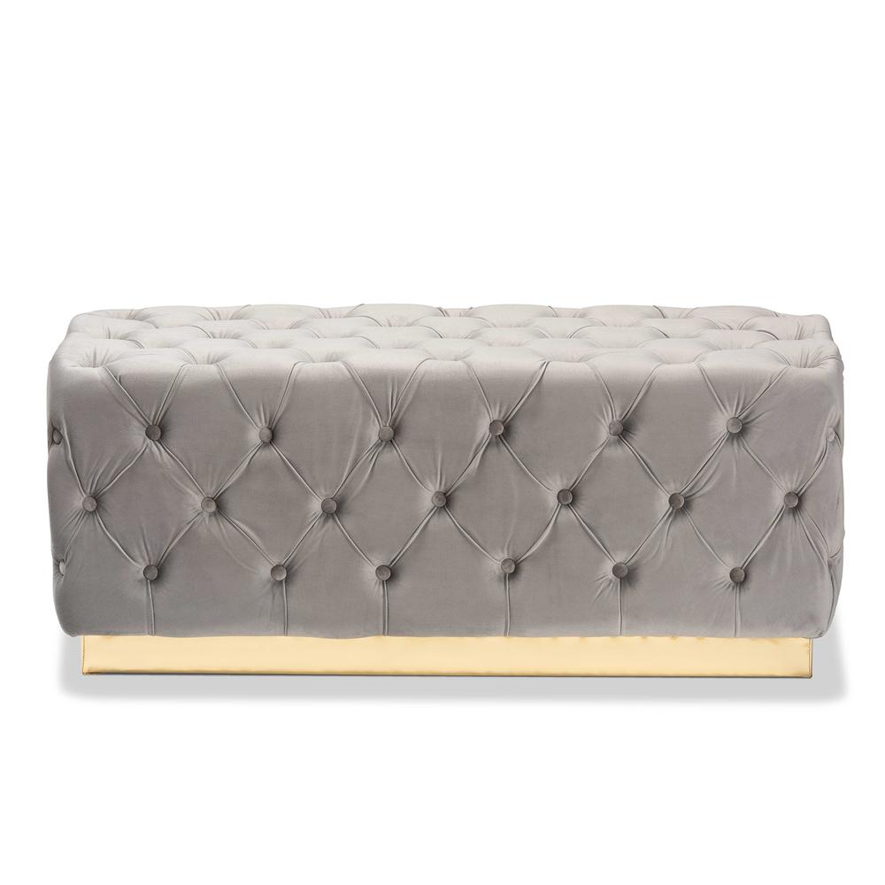 Corrine Glam and Luxe Grey Velvet Fabric Upholstered and Gold PU Leather Ottoman. Picture 9