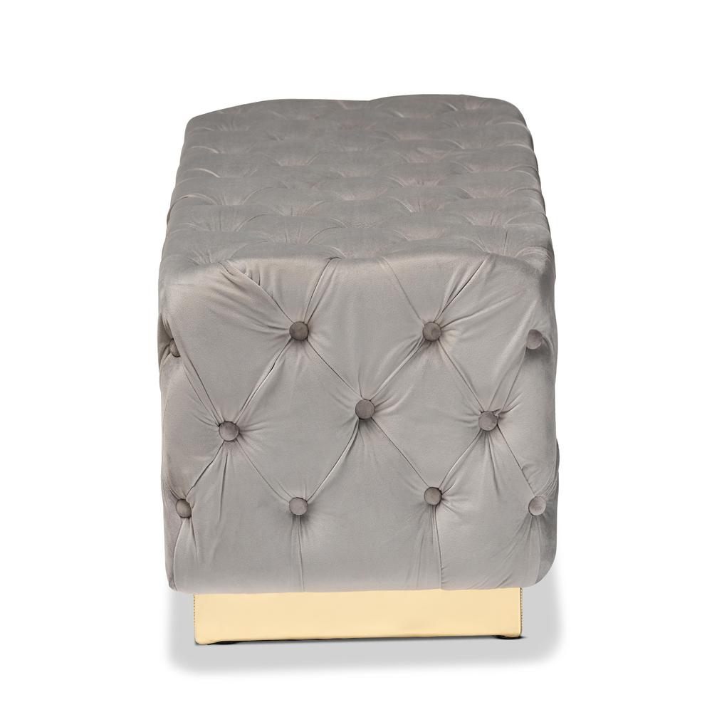 Corrine Glam and Luxe Grey Velvet Fabric Upholstered and Gold PU Leather Ottoman. Picture 10