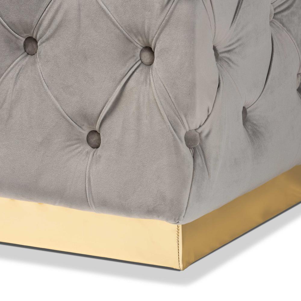 Corrine Glam and Luxe Grey Velvet Fabric Upholstered and Gold PU Leather Ottoman. Picture 11