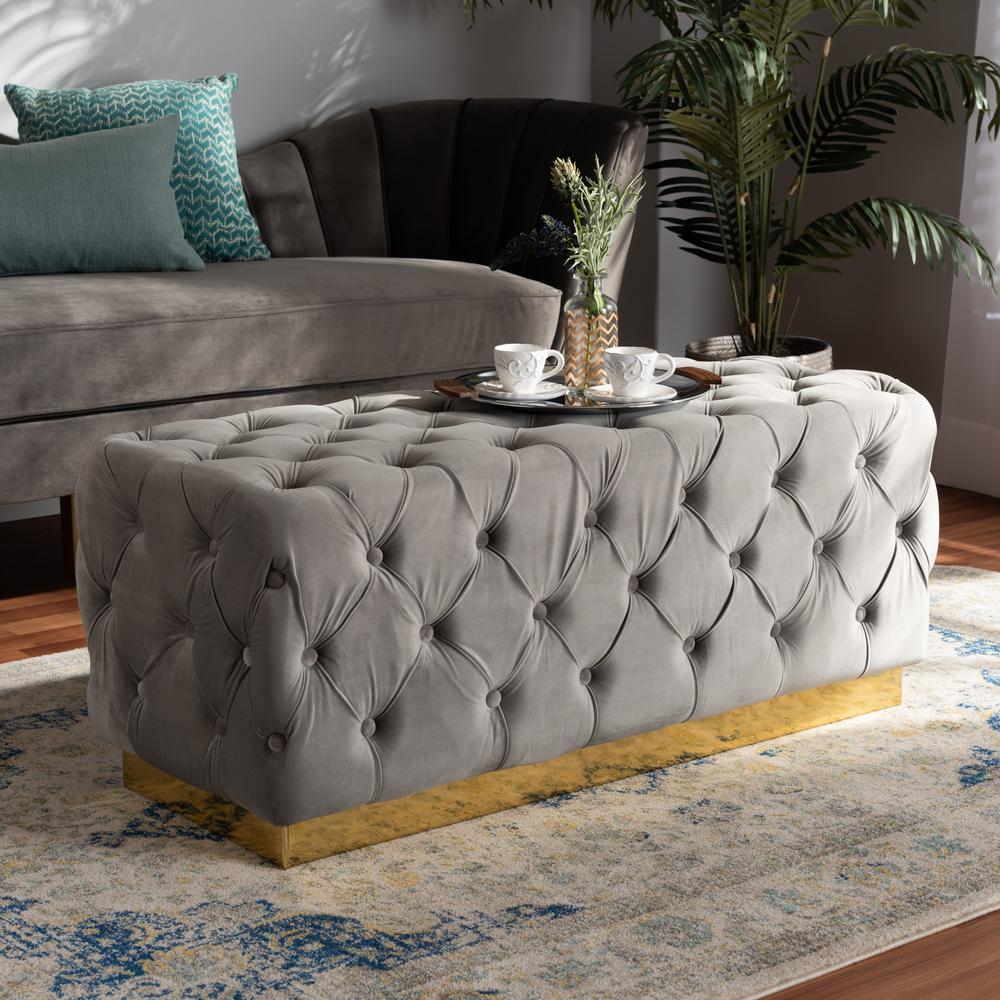 Corrine Glam and Luxe Grey Velvet Fabric Upholstered and Gold PU Leather Ottoman. Picture 12