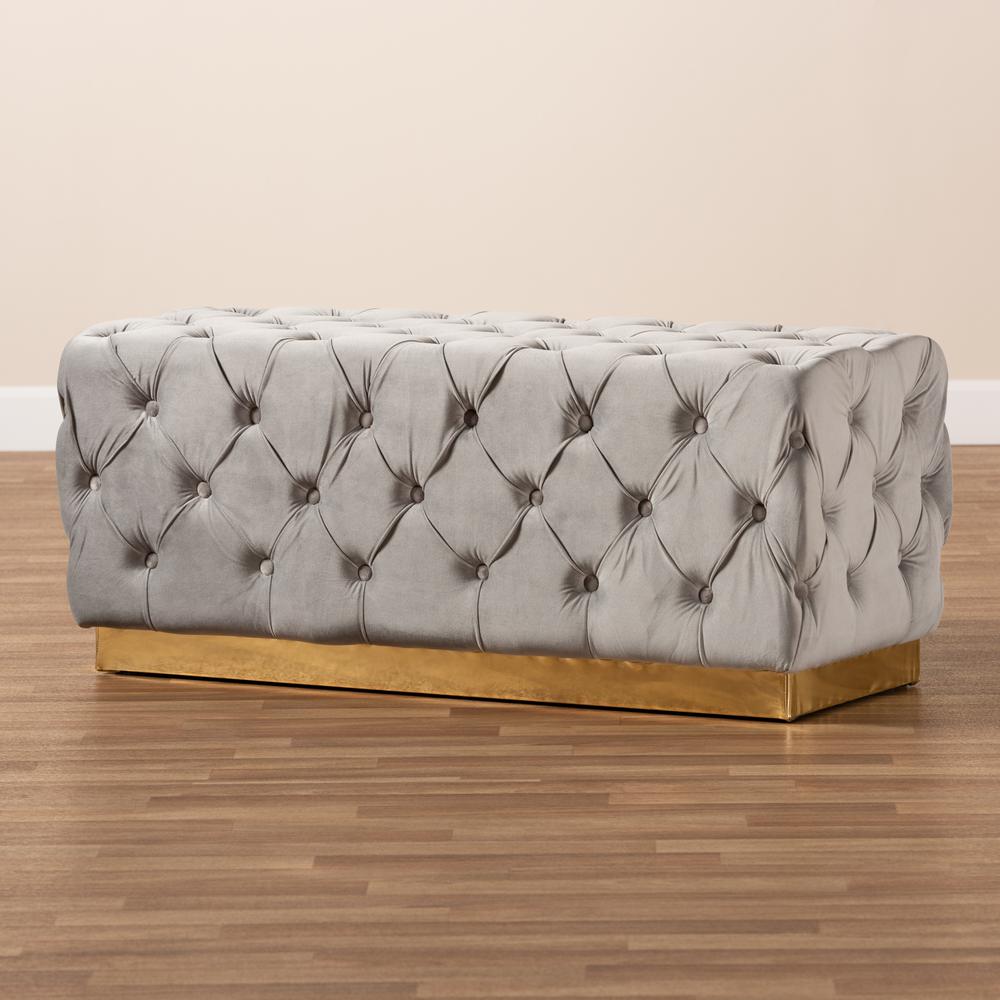 Corrine Glam and Luxe Grey Velvet Fabric Upholstered and Gold PU Leather Ottoman. Picture 13