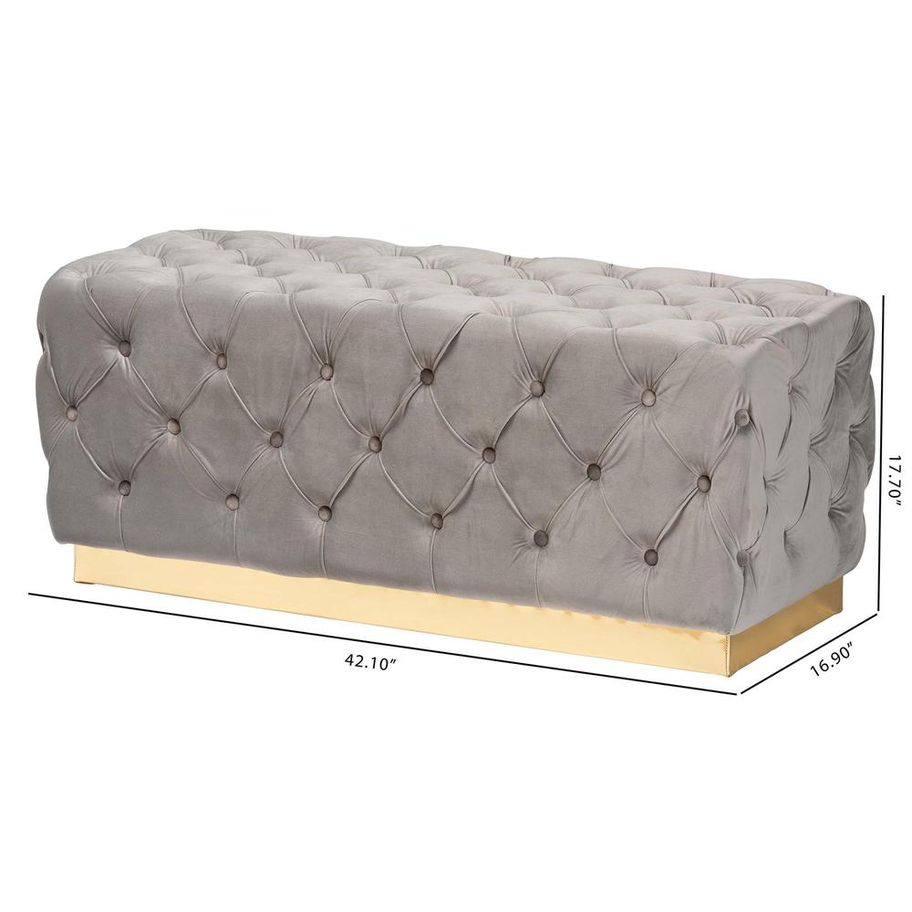 Corrine Glam and Luxe Grey Velvet Fabric Upholstered and Gold PU Leather Ottoman. Picture 14