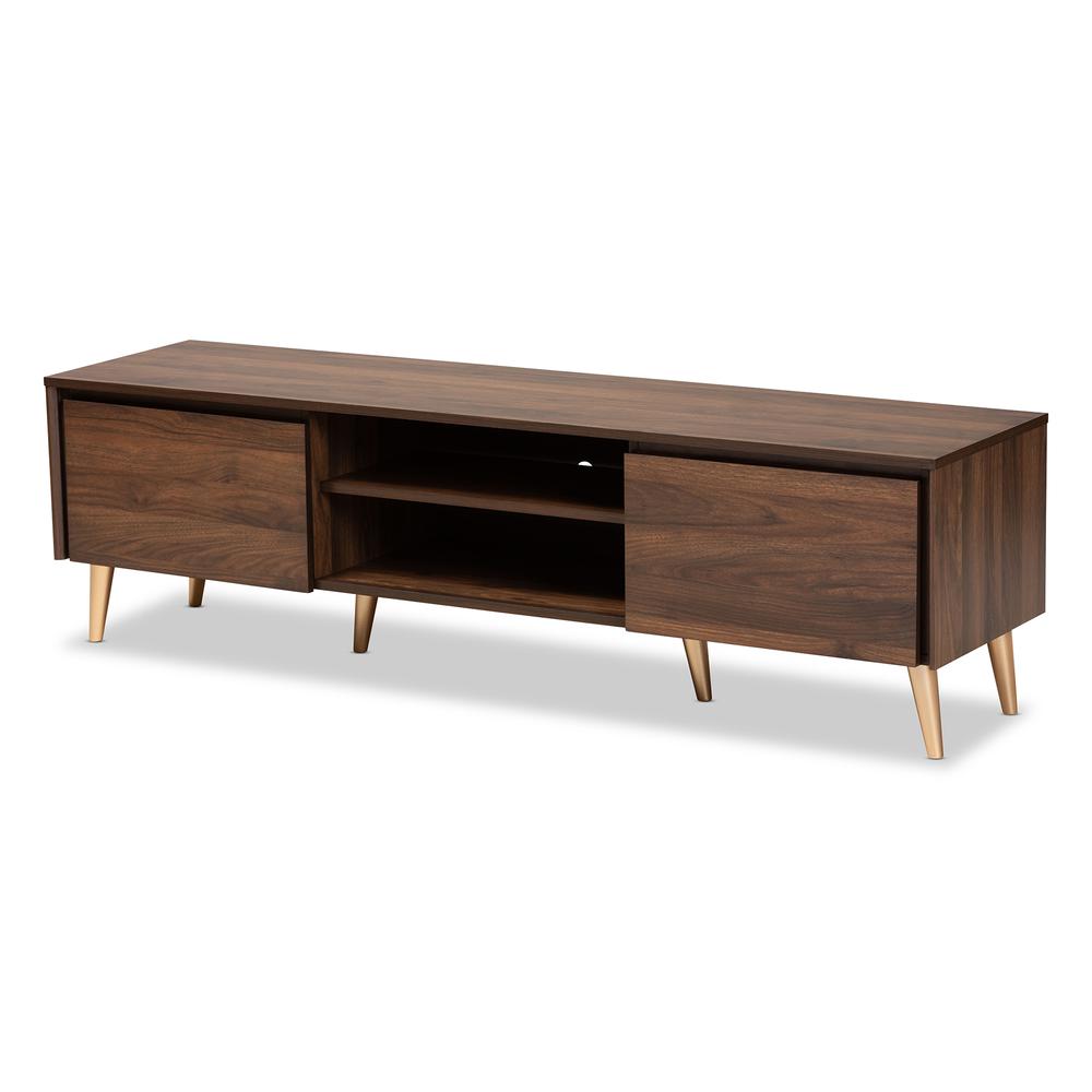 Landen Mid-Century Modern Walnut Brown and Gold Finished Wood TV Stand. Picture 10