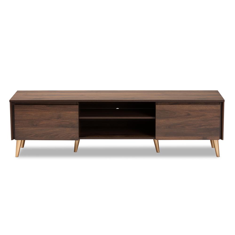 Landen Mid-Century Modern Walnut Brown and Gold Finished Wood TV Stand. Picture 12