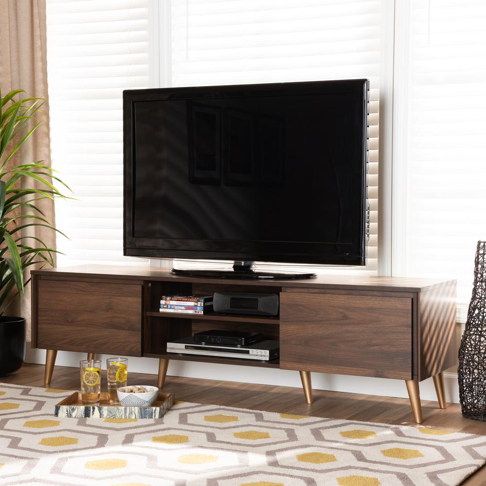Landen Mid-Century Modern Walnut Brown and Gold Finished Wood TV Stand. Picture 16