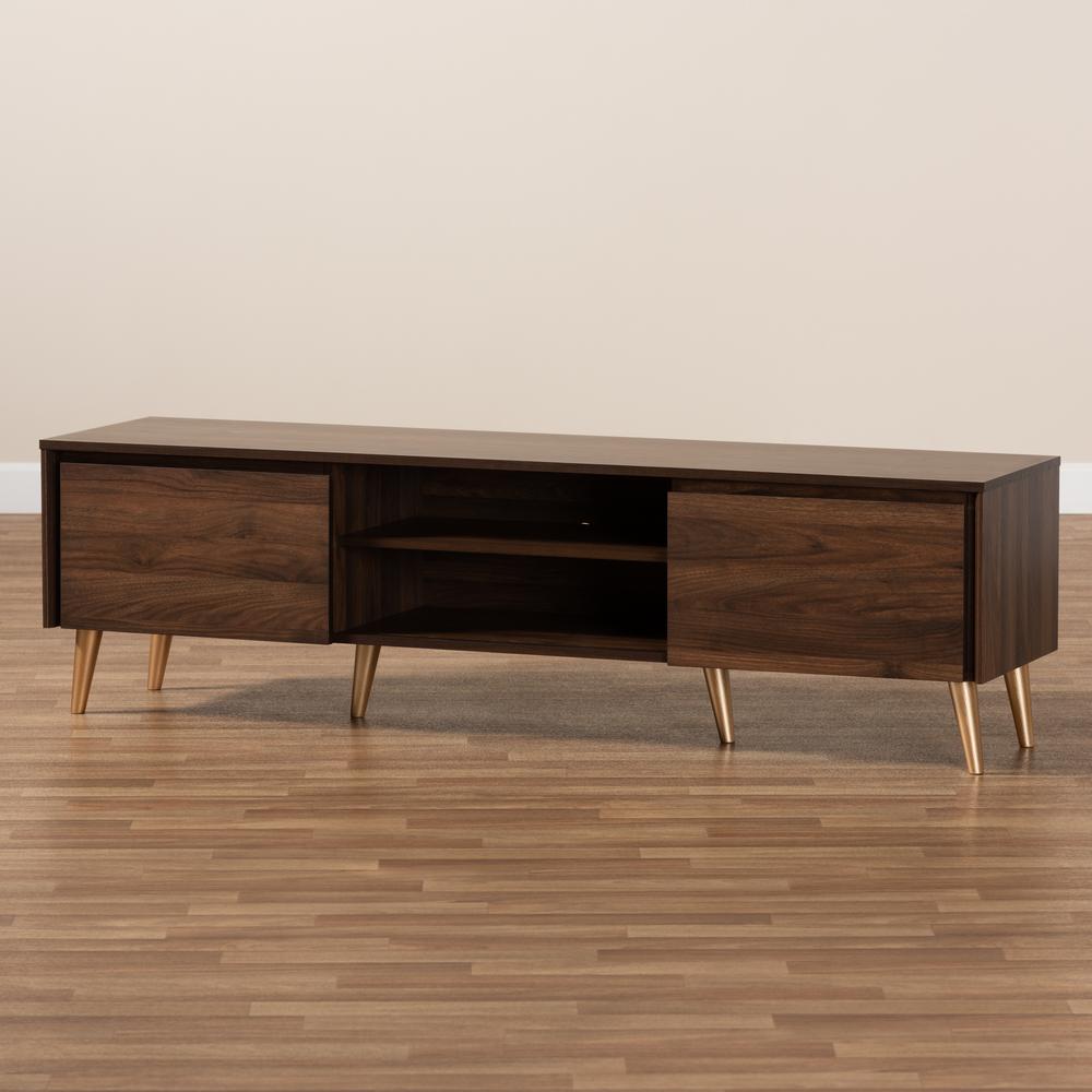 Landen Mid-Century Modern Walnut Brown and Gold Finished Wood TV Stand. Picture 17