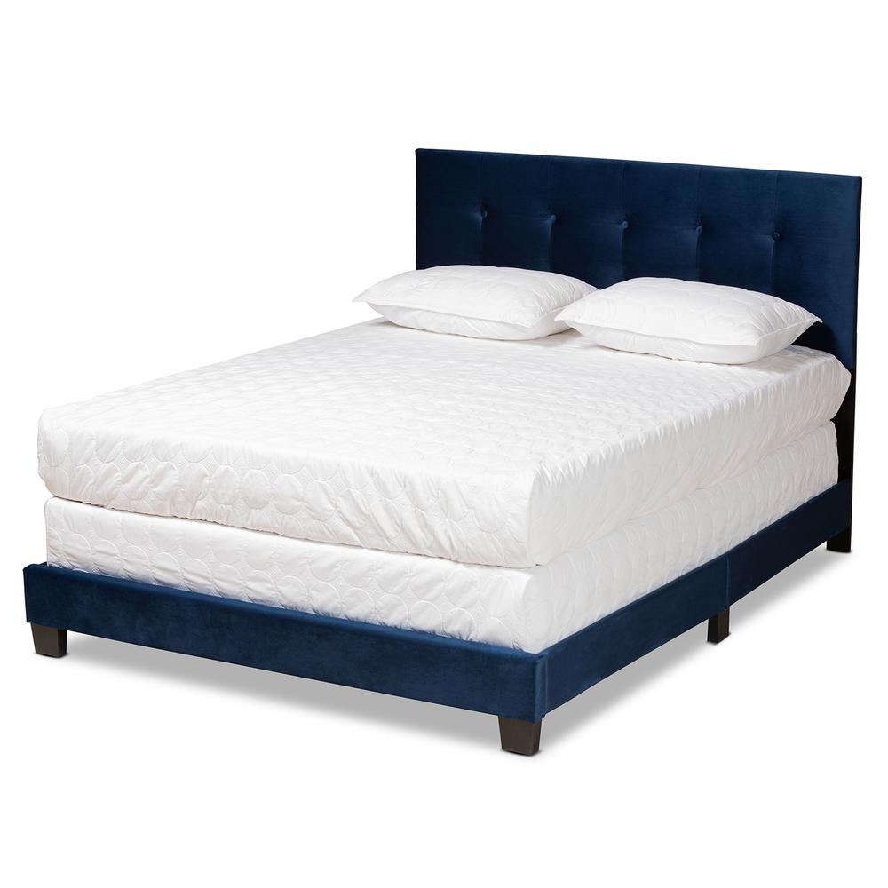 Glam Navy Blue Velvet Fabric Upholstered Full Size Panel Bed. Picture 10