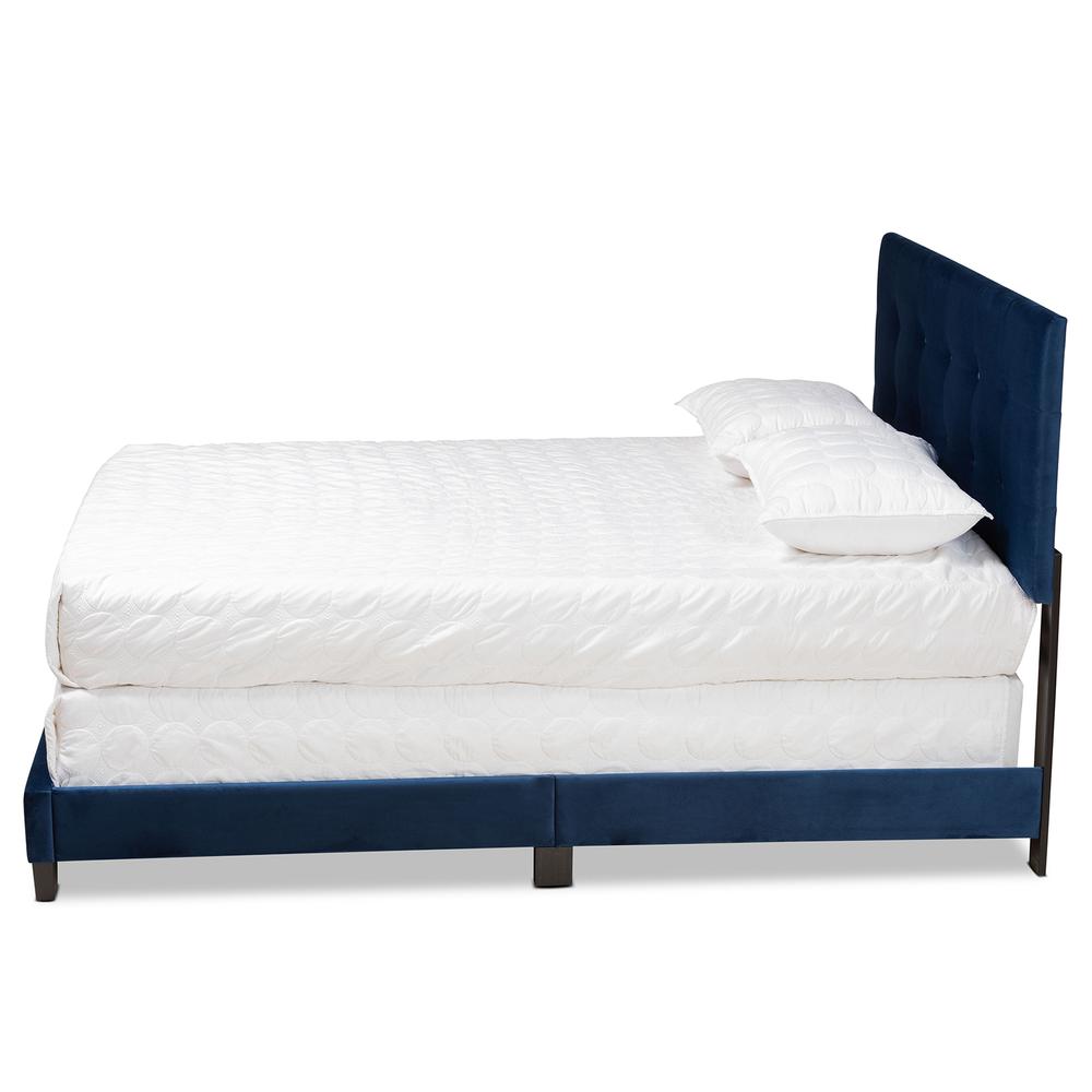 Glam Navy Blue Velvet Fabric Upholstered Full Size Panel Bed. Picture 11