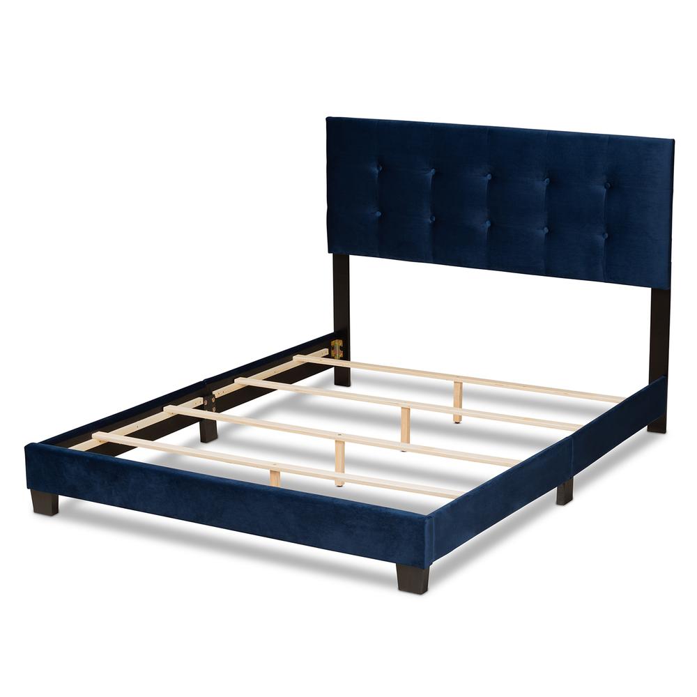 Glam Navy Blue Velvet Fabric Upholstered Full Size Panel Bed. Picture 12