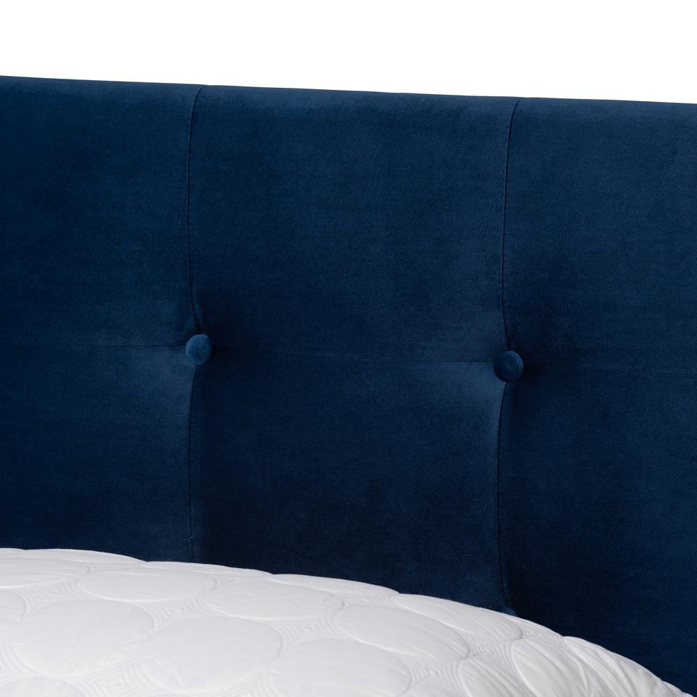 Glam Navy Blue Velvet Fabric Upholstered Full Size Panel Bed. Picture 13