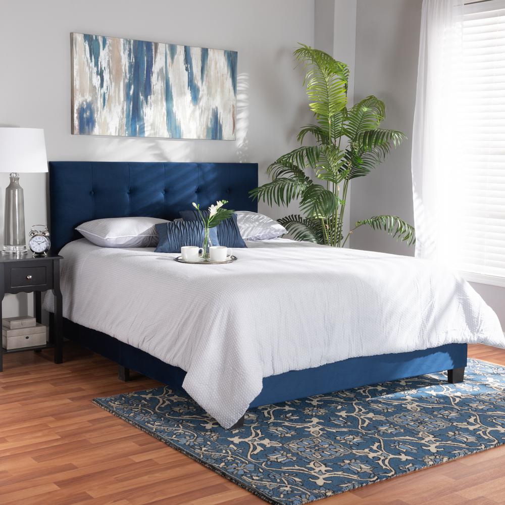 Glam Navy Blue Velvet Fabric Upholstered Full Size Panel Bed. Picture 15
