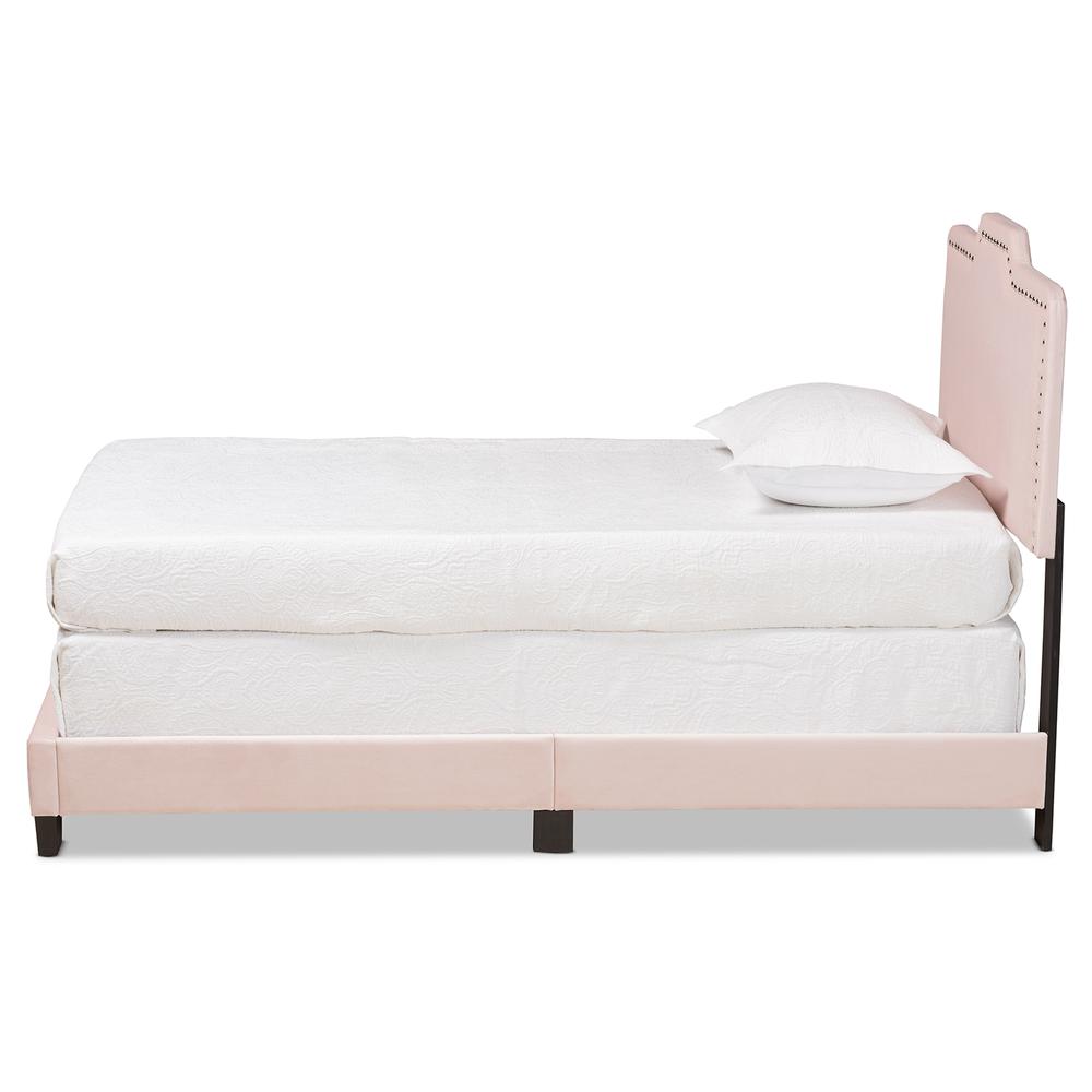 Glam Light Pink Velvet Fabric Upholstered Twin Size Panel Bed. Picture 10