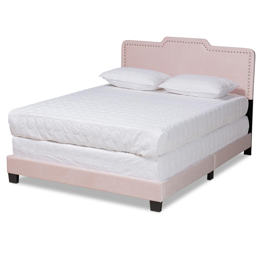Glam Light Pink Velvet Fabric Upholstered Full Size Panel Bed. Picture 10