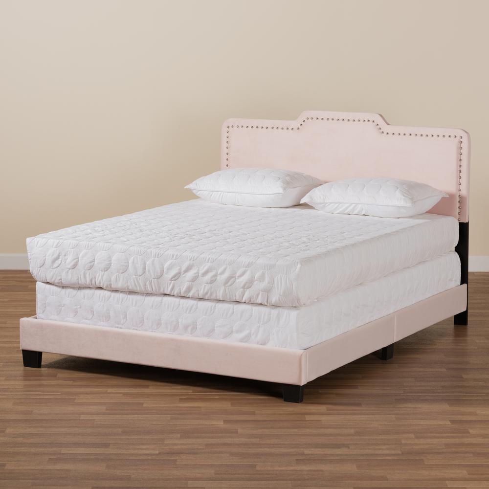 Glam Light Pink Velvet Fabric Upholstered Full Size Panel Bed. Picture 16