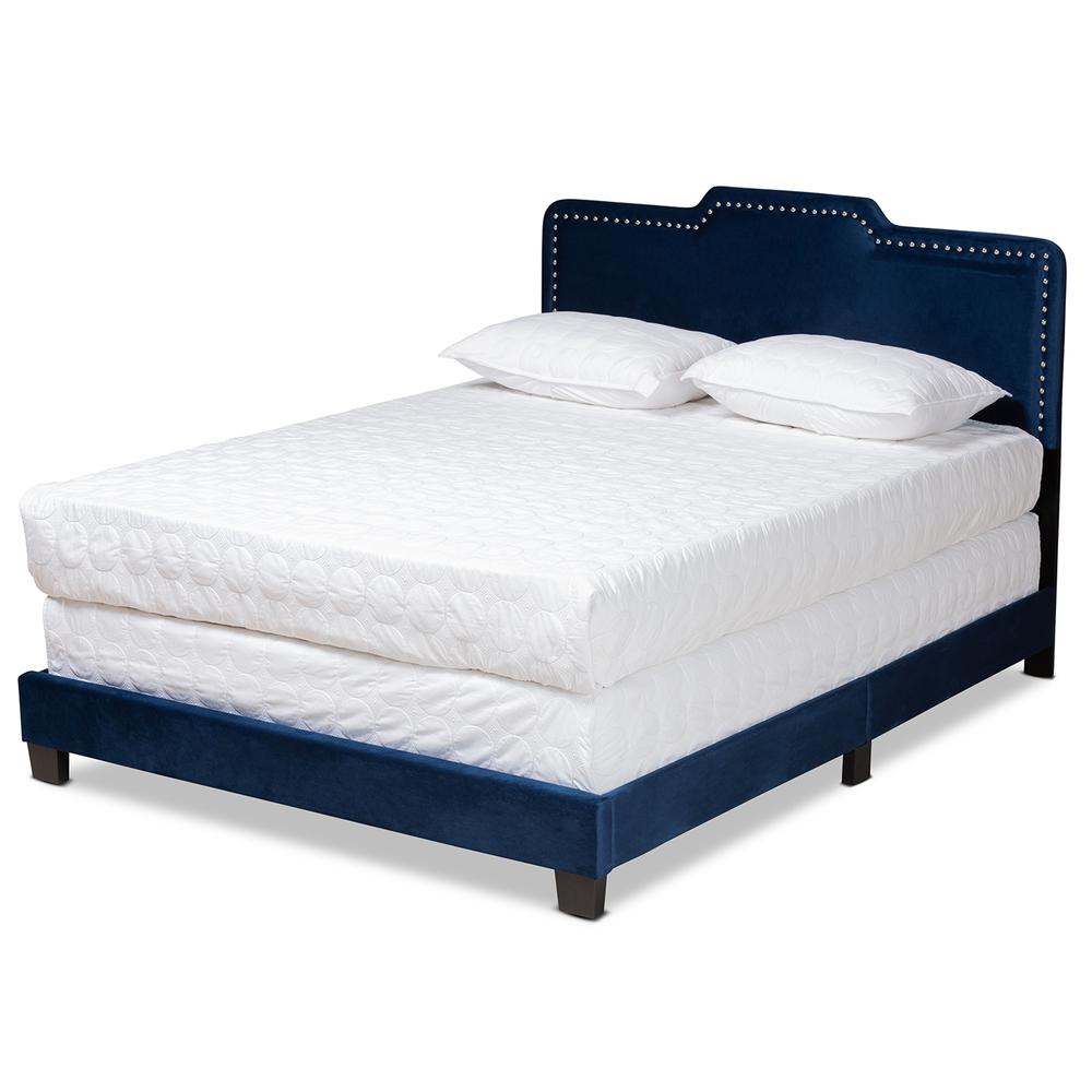 Glam Navy Blue Velvet Fabric Upholstered Full Size Panel Bed. Picture 10