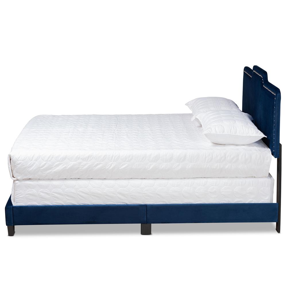 Glam Navy Blue Velvet Fabric Upholstered Full Size Panel Bed. Picture 11