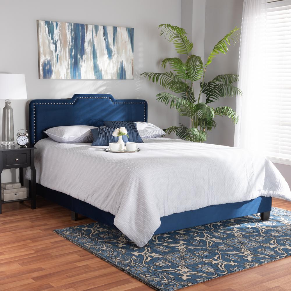 Glam Navy Blue Velvet Fabric Upholstered Full Size Panel Bed. Picture 15