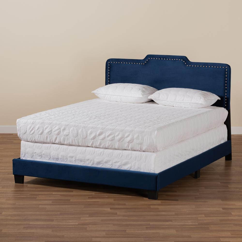 Glam Navy Blue Velvet Fabric Upholstered Full Size Panel Bed. Picture 16
