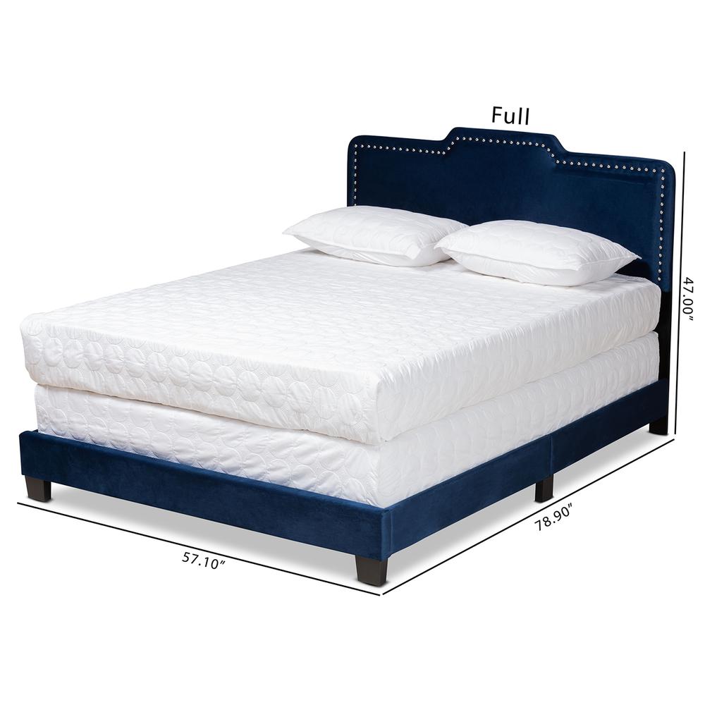 Glam Navy Blue Velvet Fabric Upholstered Full Size Panel Bed. Picture 17